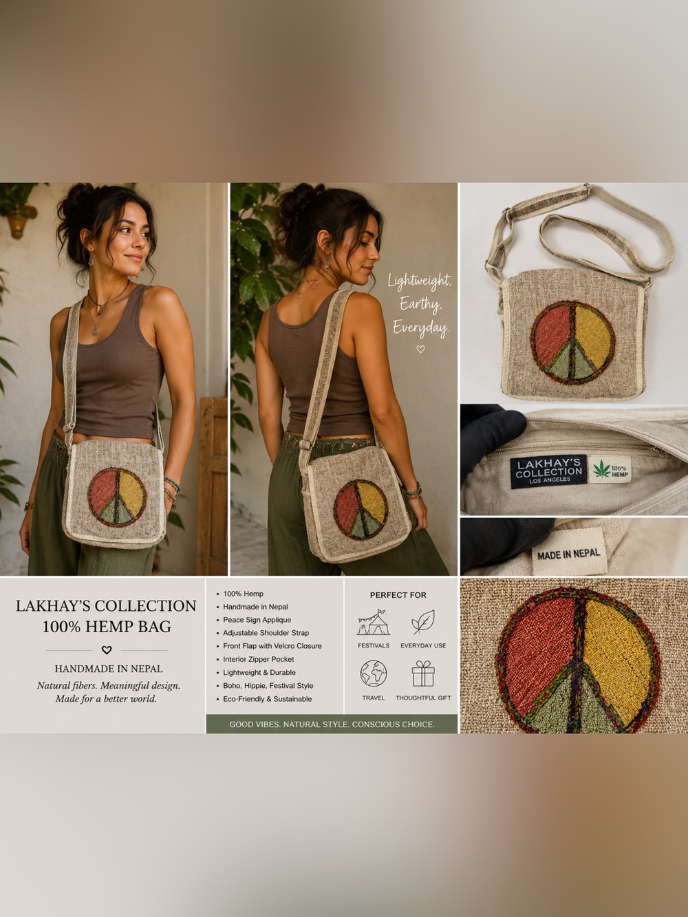 Lakhay's Collection 100% Hemp Peace Sign Crossbody Messenger Bag Made in Nepal